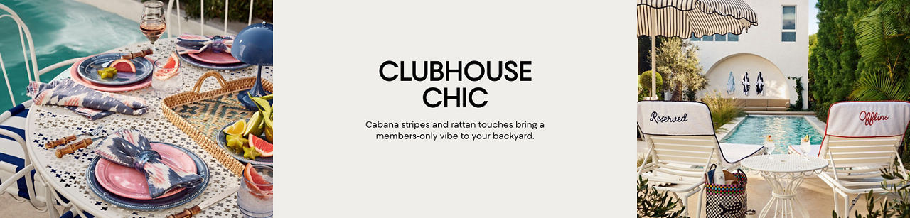 Clubhouse chic. Cabana stripes and rattan touches bring a members only vibe to your backyard.