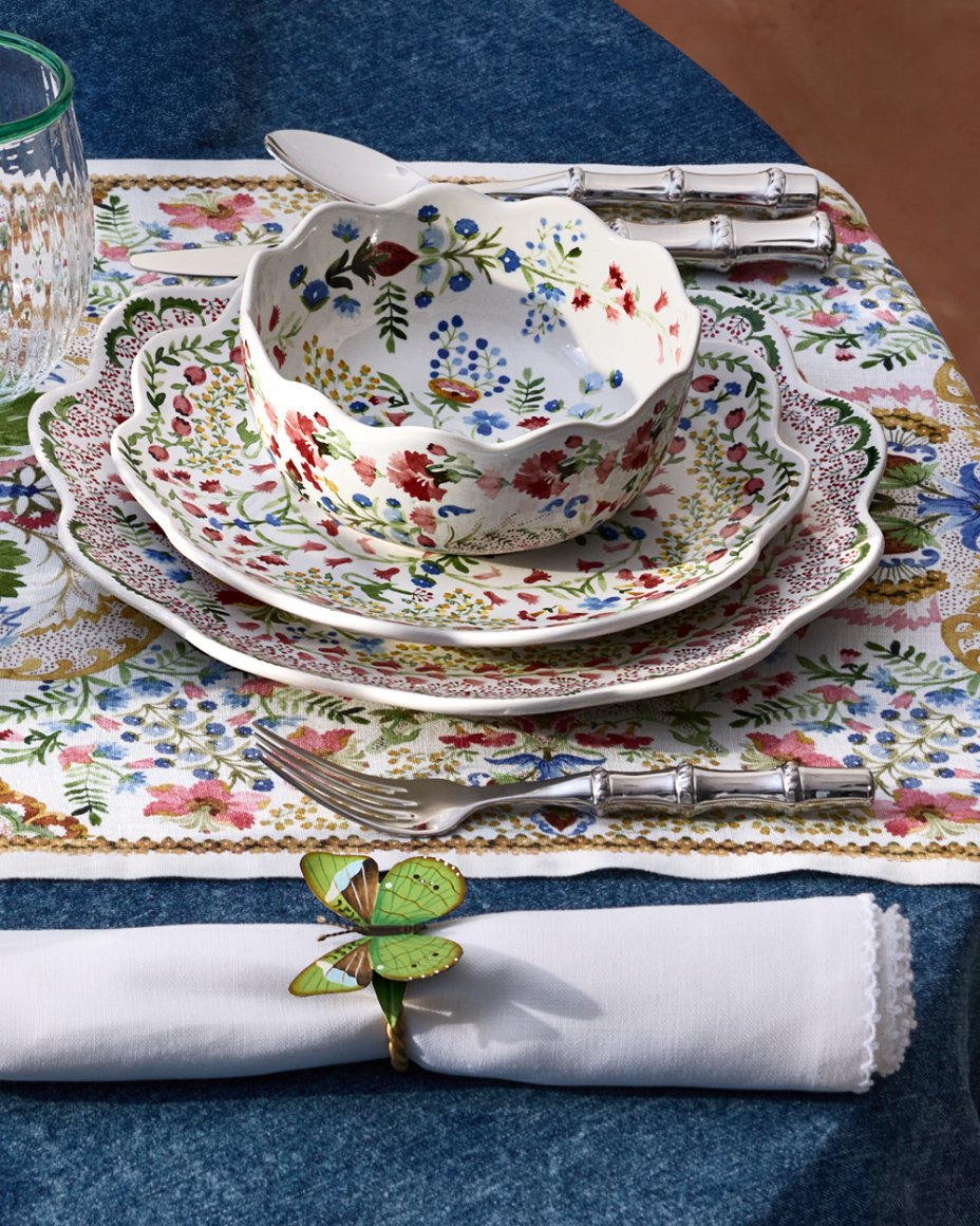 An ornately floral Juliska table setting.