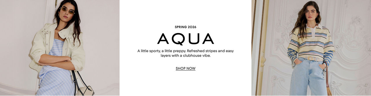 AQUA Spring 2026. A little sporty, a little preppy. Refreshed striped and easy layers with a clubhouse vibe.