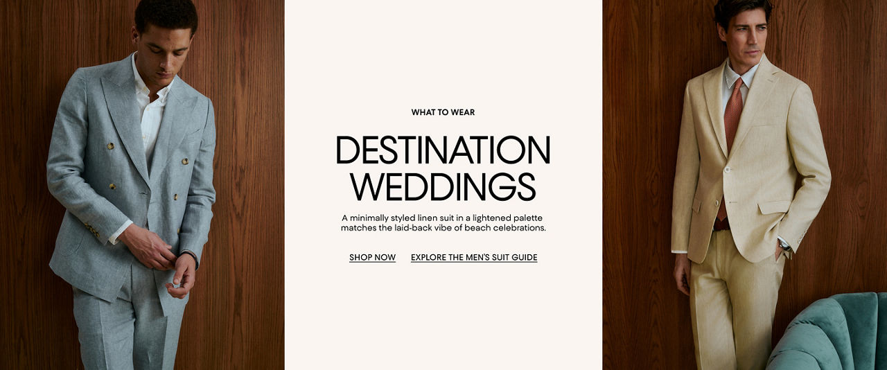 What to wear destination weddings. A minimally styled linen suit in a lightened palette matches the vibe of beach celebrations.