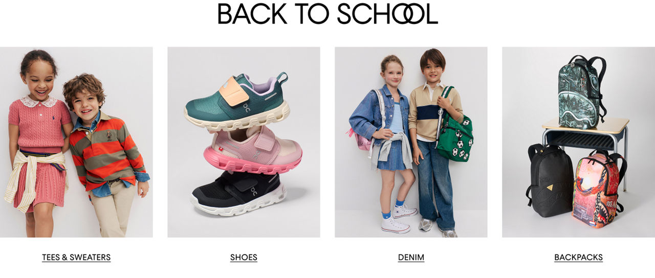 A young boy & girl in school outfits. 3 colorful sneakers. 2 older kids in denim outfits. 3 colorful backpacks.