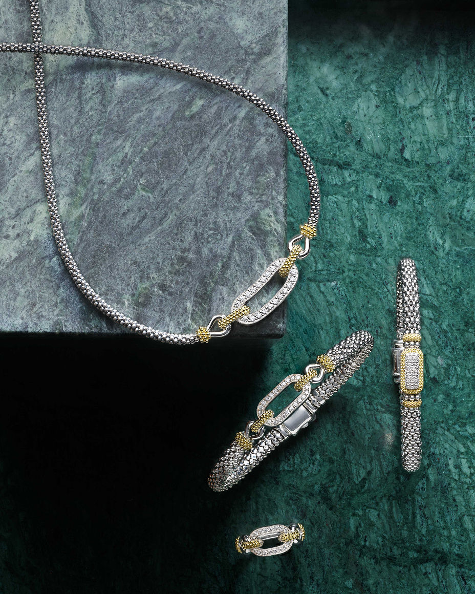 Sterling silver, yellow gold and diamond Lagos necklace, bracelets & ring. Exceptional fine jewelry, Lagos.