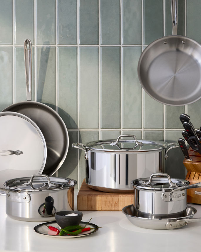 Stainless steel pots & pans on a countertop. Shop cookware.$109HOMEFallCOOK
