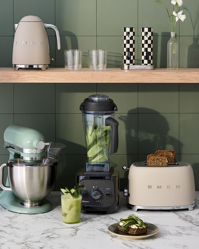 Small kitchen electrics, like tea kettles, toasters, a blender and a mixer. Shop electrics.