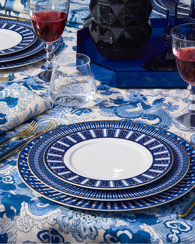 A blue and white patterned Baccarat place setting. Shop Baccarat.