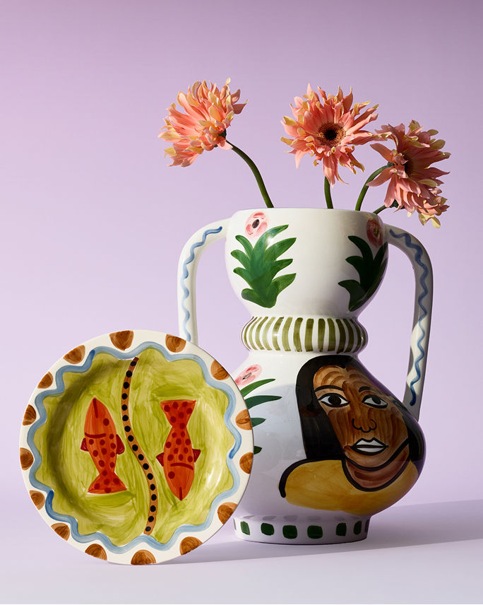 A Serax & Shurleey bowl and vase with Shurleey painterly illustrations. Shop Serax & Shurleey.