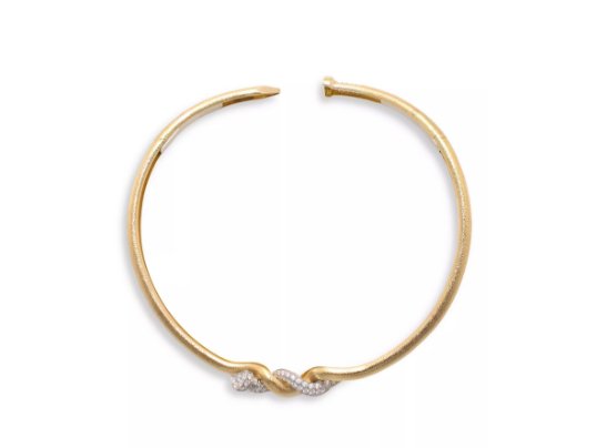 Photo of David Webb diamond nail collar necklace in 18K yellow gold and platinum.