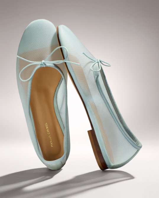 A pair of baby blue mesh ballet flats. Shop mesh shoes.