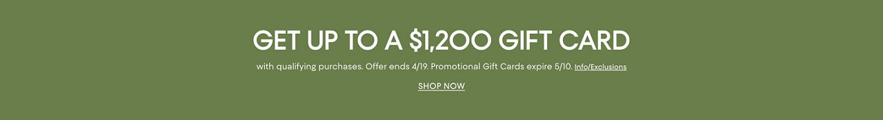 Get up to a $1,200 gift card with qualifying purchases. Offer ends April 19. Promotional gift cards expire May 10.