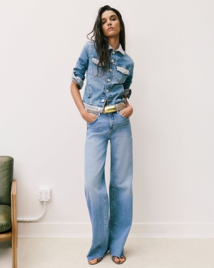 A woman in a denim button down and jeans. Explore the guides, womens denim.