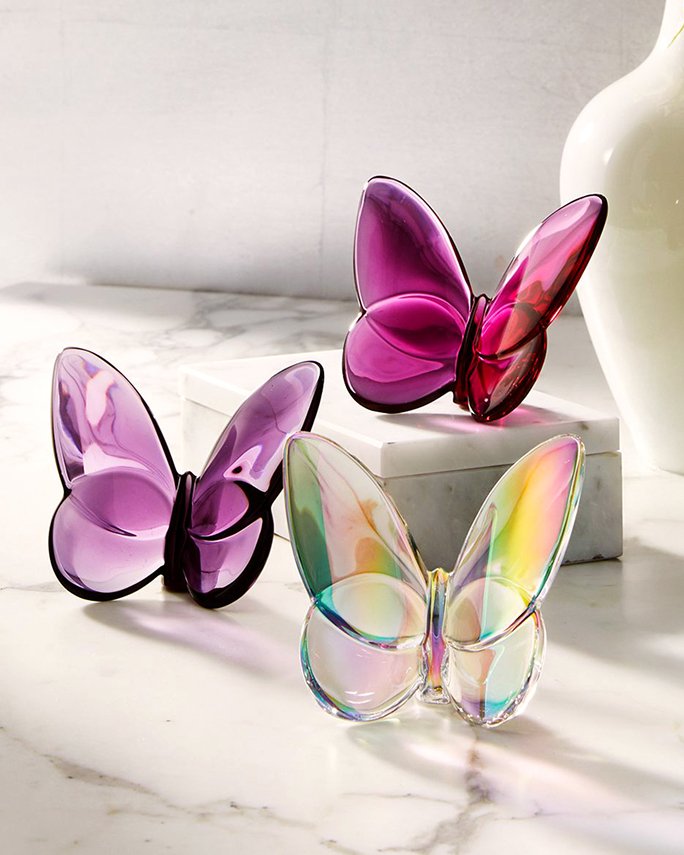 Baccarat crystal butterflies in purple, fuchsia and ombre. Home gifts for mom, Baccarat.