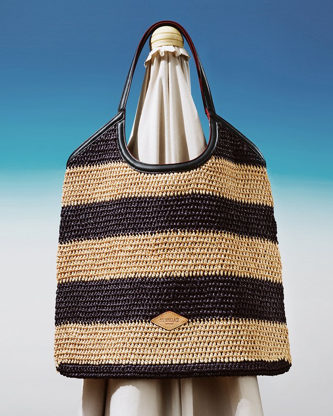 A black and brown striped woven tote. Beach bound, beach bags.