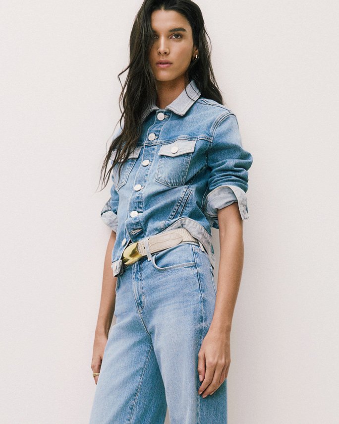 A woman in a button down denim shirt tucked into jeans. The denim guide.