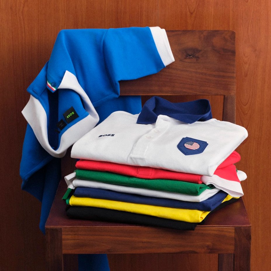 A folded stack of Boss World Cup polos on a chair. Lookbooks & guides, in the carousel, game day.