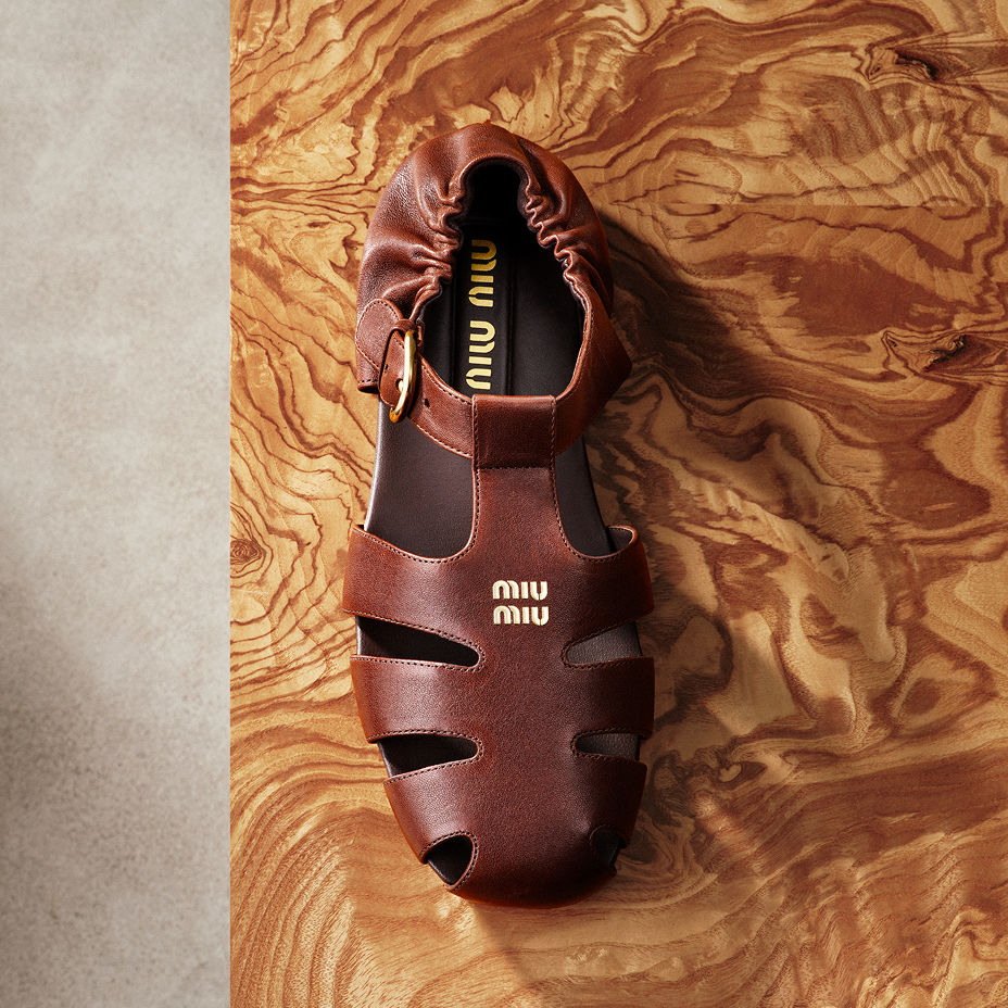 A brown Miu Miu sandal.