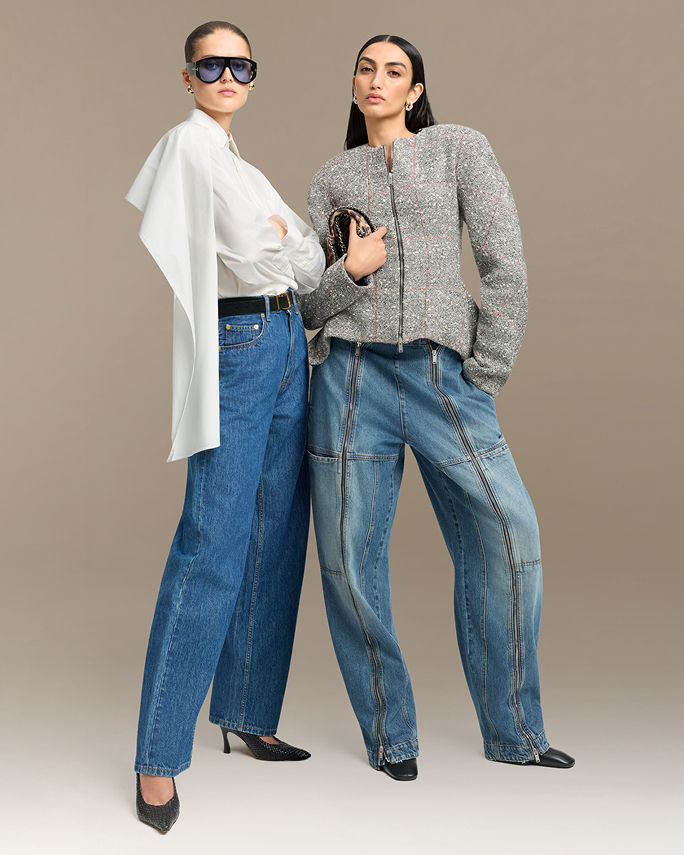 2 women in different jean types. Shop fashion forward denim.