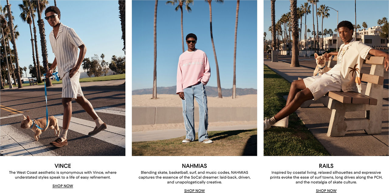 1st photo of male model in a blue & white striped Vince shirt & shorts walking a French bulldog. 2nd photo of male model in a pink Nahmias sweatshirt and blue jeans next to a beach. 3rd photo of male model sitting on a bench in a Rails shirt over a tee & shorts.