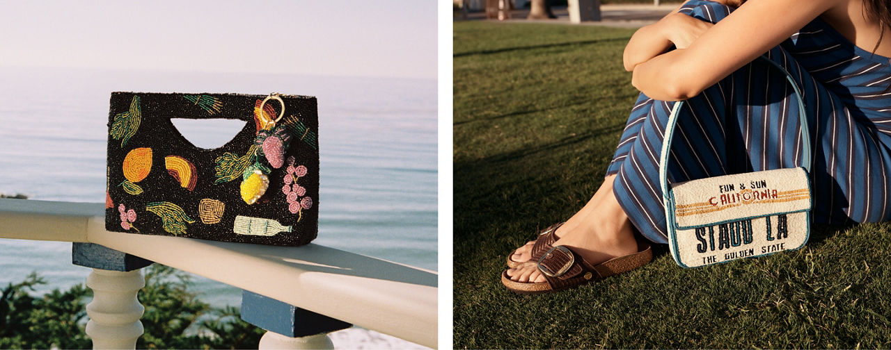 2 thumbnail photos, 1st of Aqua and Lisa Says Gah black handbag with beaded and embellished fruit, 2nd of a sitting woman in Birkenstock and Staud sandals and L.A. inspired Tommy bag.