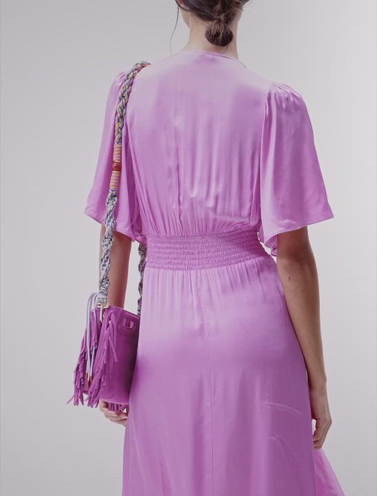 maje pink satin dress with ruffles Flowing satin dress Pink For Women