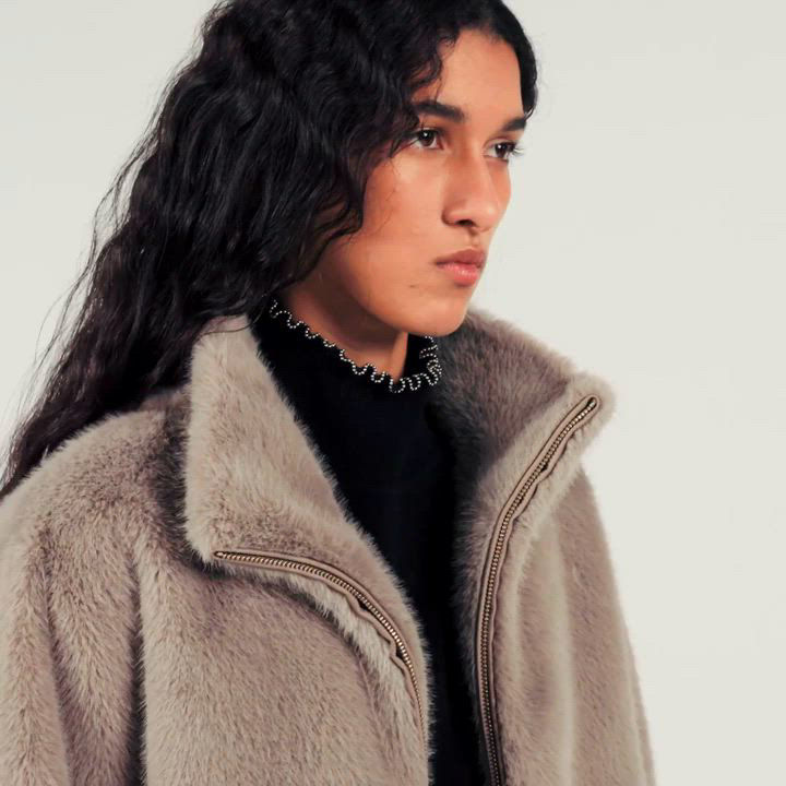 年末SALE SANDRO faux fur x 羊皮 ボンバージャケット Jacket-style faux fur coat brown For Women | Sandro Paris