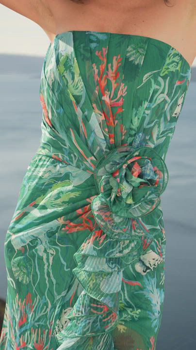 Tadashi Shoji Morwenna Oceanic Print Ruffle Gown