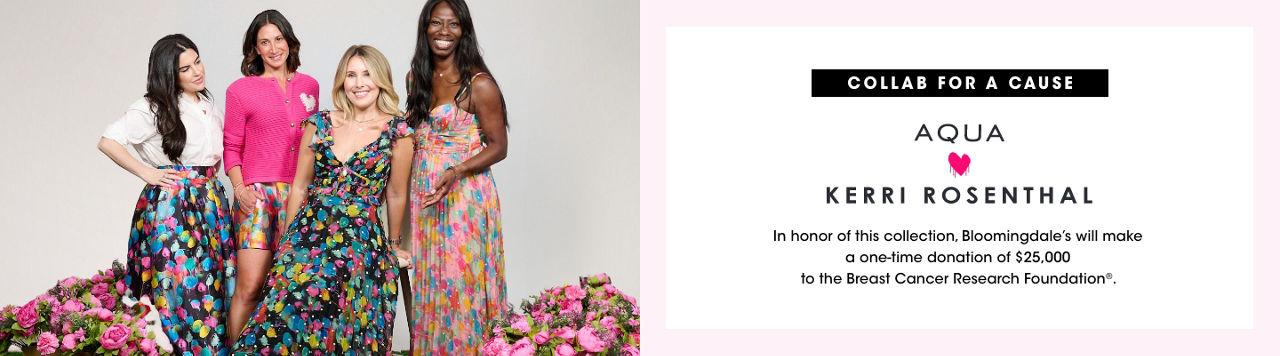 1 photo, of artist Kerri Rosenthal's daughter sitting on a stool, surrounded by 3 women, all wearing Aqua and Kerri Rosenthal outfits with bright splattered paint motifs.