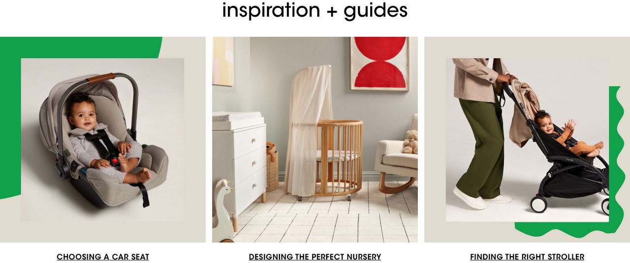 3 photos, 1st of a baby strapped in a car seat, 2nd of a circular crip in a babys room, 3rd of a model from the waist down pushing a stroller with a clapping baby in it clapping its hands.