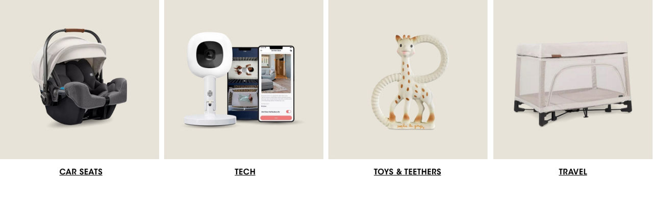 4 thumbnail photos, 1st of an infant car seat, 2nd of a baby camera monitor and smartphone showing a sleeping baby in a crib, 3rd of Sophie the Giraffe teether, 4th of a gray travel crib.