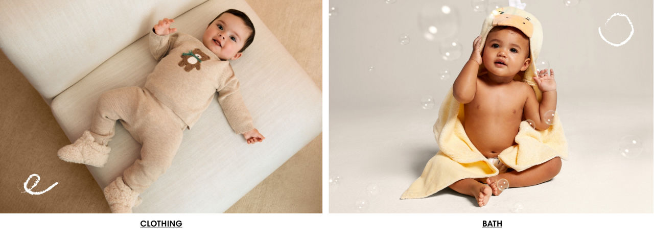 2 photos, 1st of a smiling baby in matching sweater and pants lying flat on a cushion and looking up into the camera, 2nd of a sitting baby with a duck towel wrapped around them, bubbles floating around them.