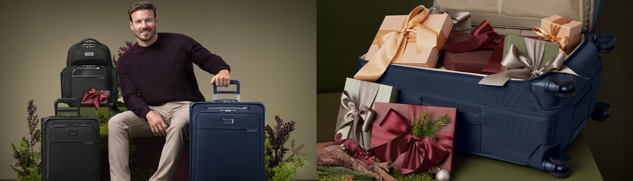 A man with suitcases and a backpack. An open suitcase with gift wrapped presents spilling out of it.