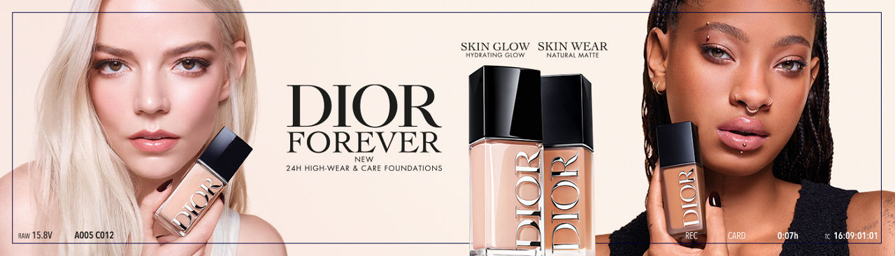 Dior forever, new 24 hour high wear and care foundations. Featuring Skin glow hydrating glow. And skin wear natural matte.