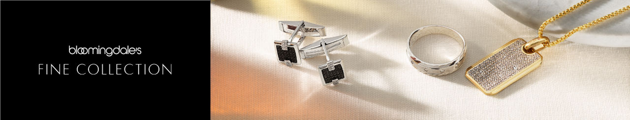 1 photo, of a pair of square silver cuff links, a flat silver band, and a yellow gold and diamond dog tag pendant and chain.