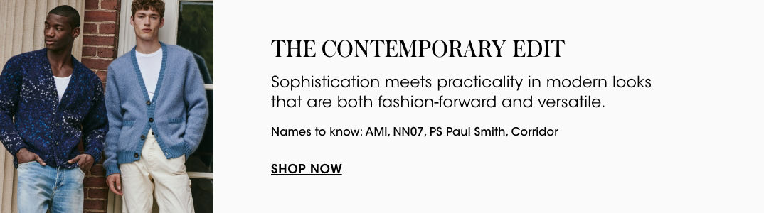 1 photo of 2 male models in blue cardigans.