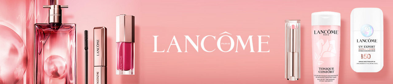 Lancome Paris. Various Lancome products including perfume, skincare, and makeup.