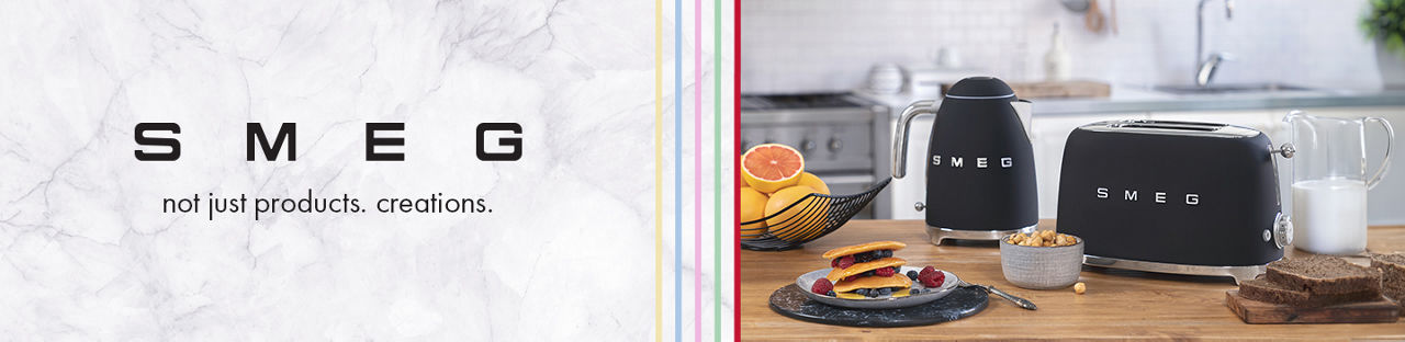 Smeg. Not just products. Creations. A black Smeg electric kettle and 2 slice toaster on a countertop.