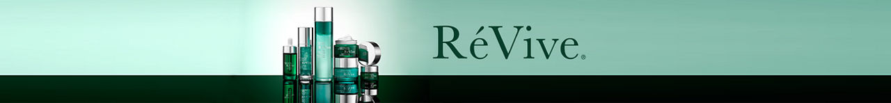 Revive. A set of green Revive skincare bottles and jars.