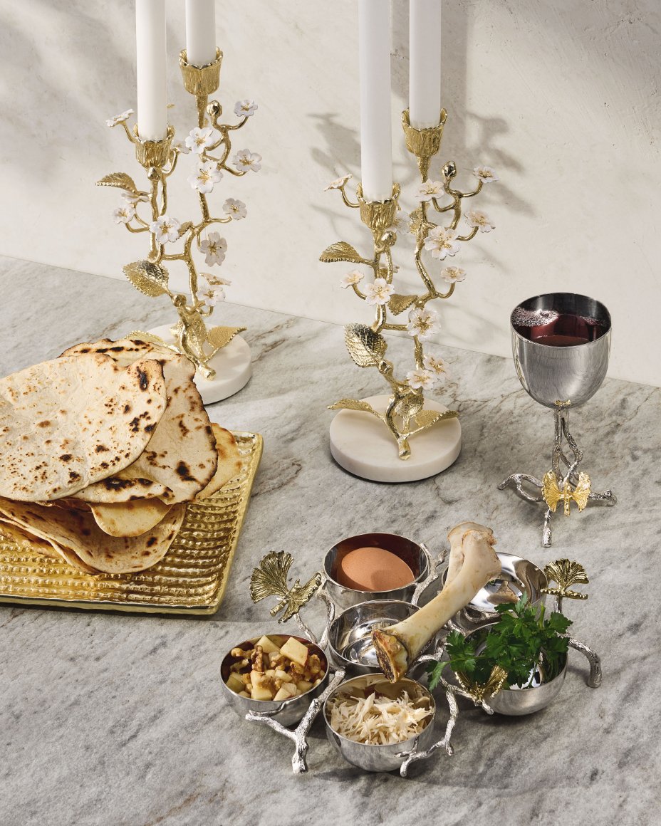 Michael Arams yellow gold Bloom serving collection, including cake plate.